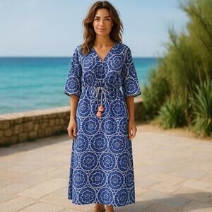 Boden Breezy Maxi Kaftan or Swim Coverup in Blue/White Print Size US4 NWOT